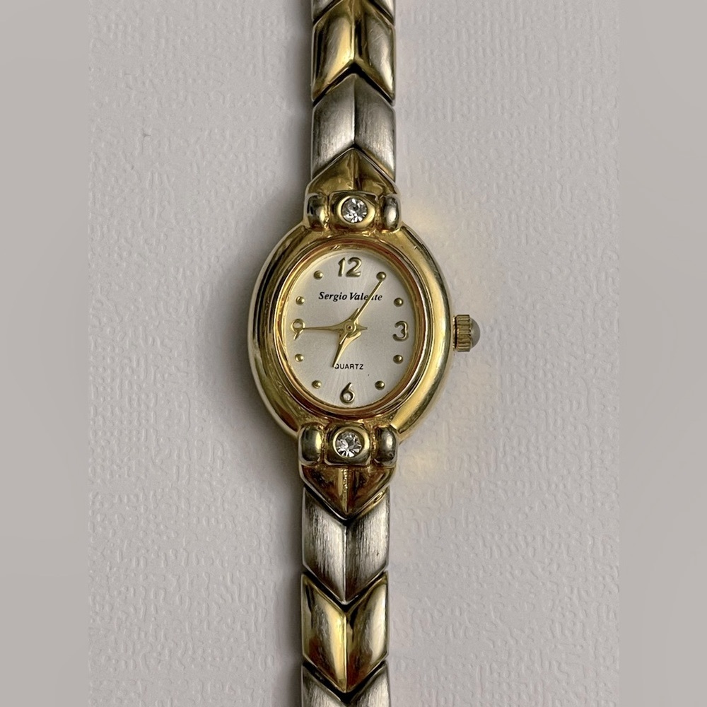 Sergio Valente Gold and Silver Watch with Oval Face and Chevron Band